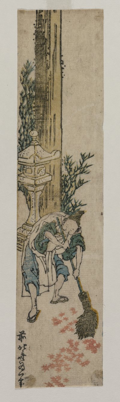 Shrine Attendant Raking Maple Leaves, ca. 1830 eller början av 1830-talet. av Katsushika Hokusai
