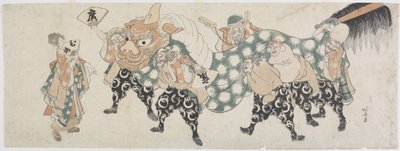 Sex manliga gudar som utför lejondansen, 1797-1819 (trätryck i färg) av Katsushika Hokusai