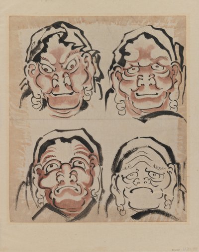 Skiss av fyra ansikten (bläck på papper) av Katsushika Hokusai