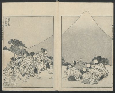 Glider ner till vänster, Fujis öppning höger från Hundra vyer över berget Fuji, 1834. av Katsushika Hokusai