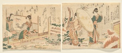Snöig morgon: Två kvinnor går i en snötäckt trädgård i snögeta med ett paraply; L: Ung kvinna spelar koto och tittar på sin mamma av Katsushika Hokusai
