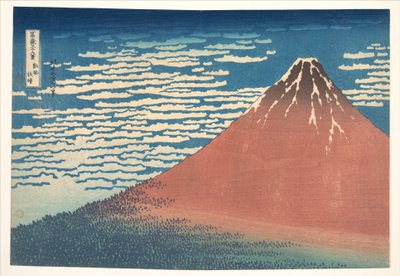 ”Sydvind, klar himmel” (Gaifū kaisei), även känt som ”Röda Fuji”, ur serien ”Trettiosex vyer av berget Fuji” (Fugaku sanjūrokkei) av Katsushika Hokusai