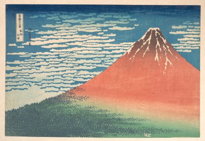 ”Sydvind, klar himmel” (Gaifū kaisei), även känt som ”Röda Fuji”, ur serien ”Trettiosex vyer av berget Fuji” (Fugaku sanjūrokkei) av Katsushika Hokusai
