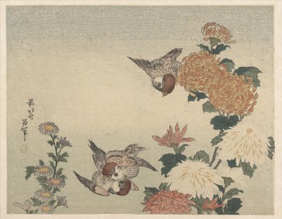 Sparvar och krysantemum av Katsushika Hokusai