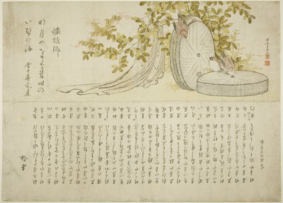 Sparvar på kvarnstenar med Hagibuskar av Katsushika Hokusai