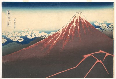 Storm vid foten av berget Fuji (Sanka no haku u), ur serien ”De trettiosex vyerna av berget Fuji” (Fugaku sanjūrokkei) av Katsushika Hokusai