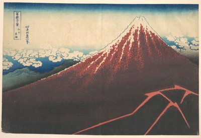 Storm vid foten av berget Fuji (Sanka no haku u), ur serien ”De trettiosex vyerna av berget Fuji” (Fugaku sanjūrokkei) av Katsushika Hokusai