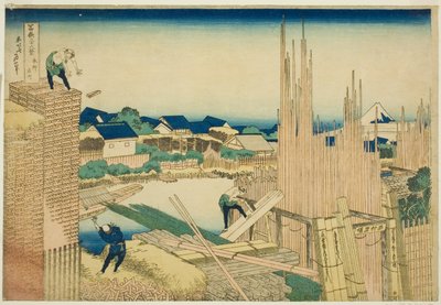 Tachikawa at Honjo (Honjo Tachikawa), från serien "Tierty Mr. x Views Of Mount Fuji (Fugaku Usajurokukei)" av Katsushika Hokusai