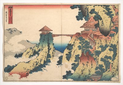 ”Den hängande molnbron” vid berget Gyōdō nära Ashikaga (Ashikaga Gyōdōzan kumo no kakehashi), ur serien ”Anmärkningsvärda vyer över broar i olika provinser” (Shokoku meikyō kiran) av Katsushika Hokusai