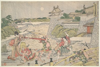 De 47 lojala rōninernas förbund (Chūshingura),  Akt III: Kampei attackeras av Bannai och hans män av Katsushika Hokusai