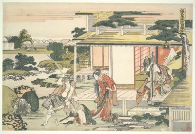 De fyrtiofem lojala rōninernas förbund (Chūshingura), akt VII: Scenen i tehuset. Ich iriki Heiyemon släpar ut spionen Kudayū av Katsushika Hokusai