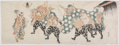 De sju lyckogudarna i en lejondans av Katsushika Hokusai