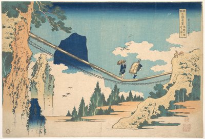 Hängbron vid gränsen mellan provinserna Hida och Etchū (Hietsu no sakai tsuribashi), ur serien ”Anmärkningsvärda vyer av broar i olika provinser” (Shokoku meikyō kiran) av Katsushika Hokusai