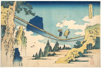 Hängbron vid gränsen mellan provinserna Hida och Etchū (Hietsu no sakai tsuribashi), ur serien ”Anmärkningsvärda vyer av broar i olika provinser” (Shokoku meikyō kiran) av Katsushika Hokusai