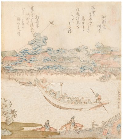 Sumidaflodens stränder, Komatomeishi. Triptyk från serien Umazukushi, Central del, 1822 av Katsushika Hokusai