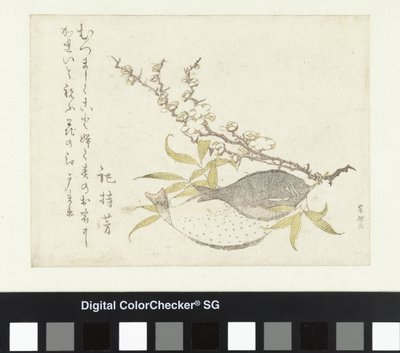 Två plattfiskar och plommon av Katsushika Hokusai