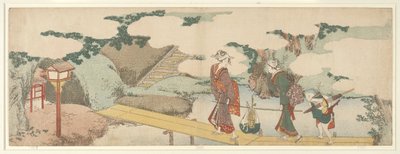 Två kvinnor och en pojke på strandpromenaden av Katsushika Hokusai