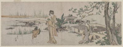 Två kvinnor och ett barn bredvid en guldfisktank av Katsushika Hokusai