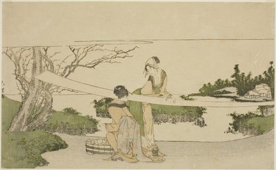Två kvinnor sträcker tyg av Katsushika Hokusai