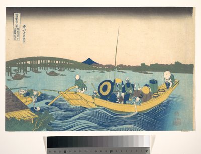 Utsikt över solnedgången över Ryōgoku-bron från Onmaya-stranden (Onmayagashi yori Ryōgokubashi sekiyō o miru), ur serien ”De trettiosex vyerna av berget Fuji” (Fugaku sanjūrokkei) av Katsushika Hokusai