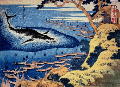 Valfångst utanför Goto Island, från serien "Oceans of Wisdom" (träblock i färg) av Katsushika Hokusai