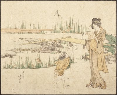 Kvinna och barn i en trädgård; fragment av ”Guldfiskförsäljaren” av Katsushika Hokusai