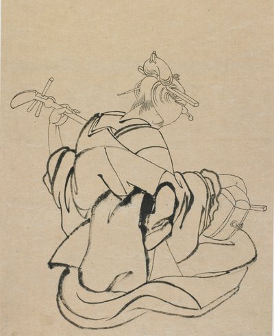 Kvinna med rygg till observatör som spelar samisen, sent 1700-tidigt 1800-tal. av Katsushika Hokusai