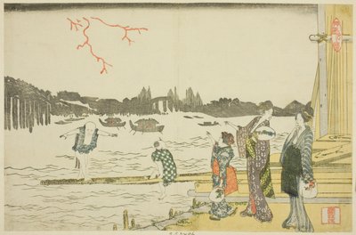 Kvinnor och barn som tittar på fyrverkerierna av Katsushika Hokusai