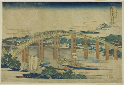 Yahagi-bron vid Okazaki på Tokaido (Tokaido Okazaki Yahagi no hashi), från serien "Ovanliga vyer av berömda broar i olika provinser (Shokoku meikyo kiran)" av Katsushika Hokusai