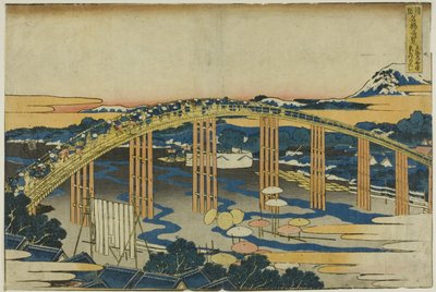 Yahagi-bron vid Okazaki på Tokaido (Tokaido Okazaki Yahagi no hashi), från serien "Ovanliga vyer av berömda broar i olika provinser (Shokoku meikyo kiran)" av Katsushika Hokusai