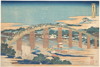 Yahagi-bron vid Okazaki längs Tōkaidō (Tōkaidō Okazaki Yahagi no hashi), ur serien ”Anmärkningsvärda vyer över broar i olika provinser” (Shokoku meikyō kiran) av Katsushika Hokusai
