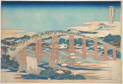 Yahagi-bron vid Okazaki längs Tōkaidō (Tōkaidō Okazaki Yahagi no hashi), ur serien ”Anmärkningsvärda vyer över broar i olika provinser” (Shokoku meikyō kiran) av Katsushika Hokusai
