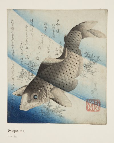 Karp i vatten (trätryck i färg) av Katsushika II (fl.1820 50) Taito