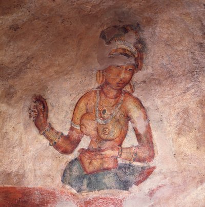 Apsaras, himmlische Nymphe, die ein Opfer darbringt, Fresko, befestigte Zitadelle von Sigiriya (UNESCO-Welterbeliste) von 