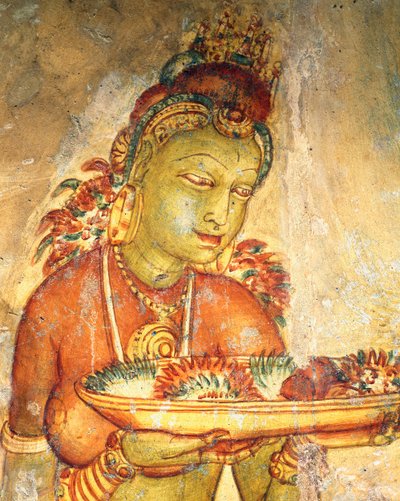Apsaras, himmlische Nymphe, die Blumen anbietet, Fresko, befestigte Zitadelle von Sigiriya (UNESCO-Welterbeliste) von 