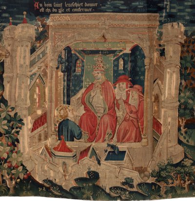 Geschichte von Saint Piat und Saint Eleuthère, auch Arras-Wandteppich genannt. Bestellt von Kanonikus Toussaint Prier, Kaplan des Herzogs von Burgund, Ende des 14. bis Anfang des 15. Jahrhunderts (Wandteppich) von 