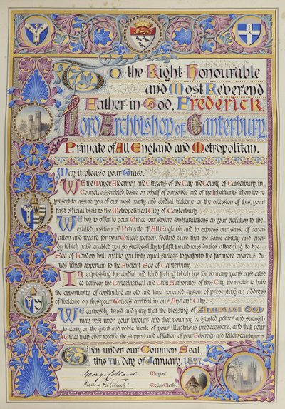 Schriftliche Begrüßungsadresse an Erzbischof Frederick Temple von 