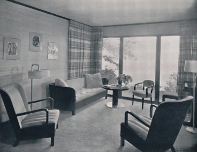 "Vardagsrummet i ett hus designat av Howard T. Fisher för Miss Ruth Page", 1935 av Kaufman and Fabry Co