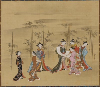 Sju unga kvinnor i en bambulund, 1700-talet. av Kawamata Tsunemasa