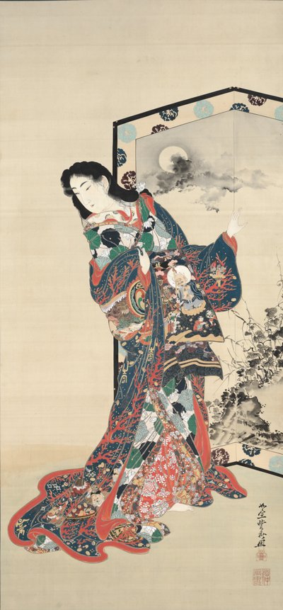 Skönhet före en skärm, 1800-talet. av Kawanabe Kyosai