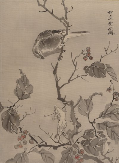 Fågel och groda, ca. 1887. av Kawanabe Kyosai