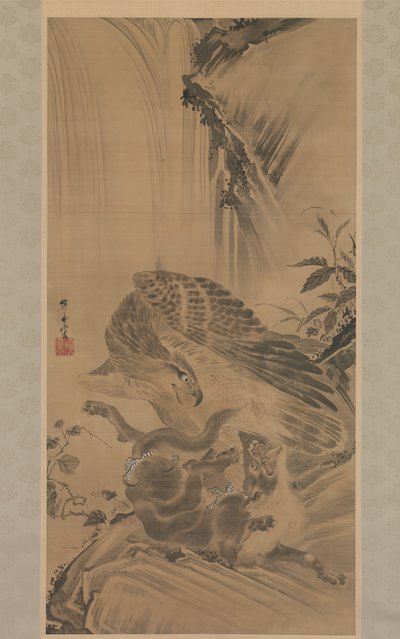 Örn attackerar ett bergslejon, 1885. av Kawanabe Kyosai