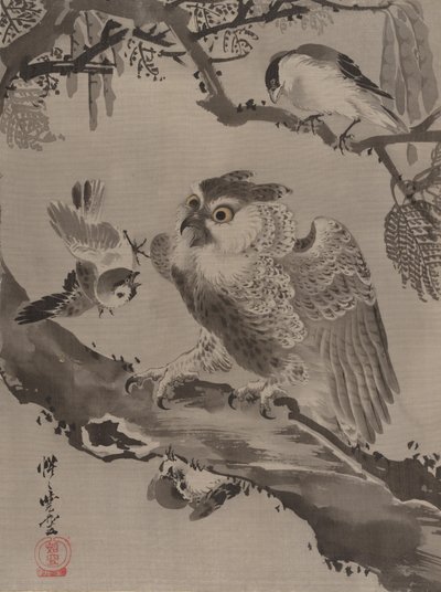 Uggla hånad av småfåglar, ca. 1887. av Kawanabe Kyosai