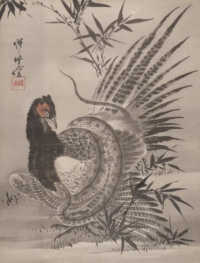 Fasan fångad av en orm, ca. 1887. av Kawanabe Kyosai