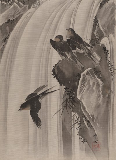 Svalor vid ett vattenfall, ca. 1887. av Kawanabe Kyosai
