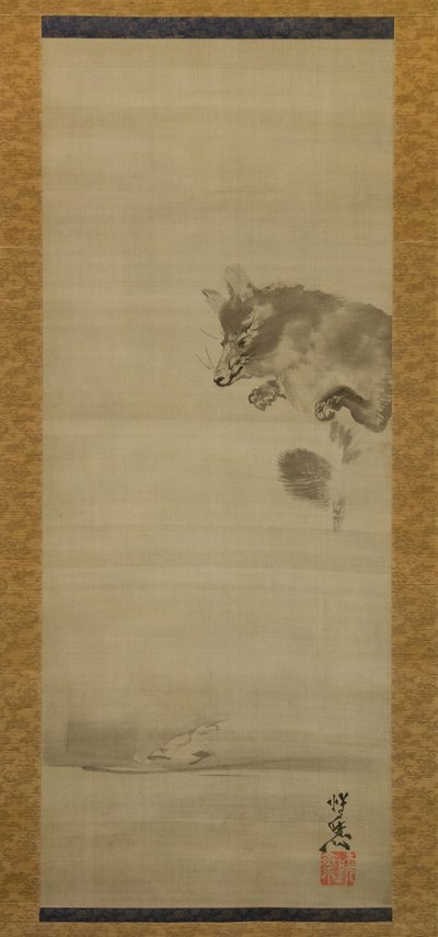 Tanuki Racoon Dog tittar på sin reflektion i vatten, sent 1800-tal. av Kawanabe Kyosai