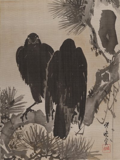 Två kråkor på en tallgren, ca. 1887. av Kawanabe Kyosai