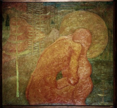 Skiss för en fresk. Bön. (Skiss till en freskmålning; Bön). En naken karaktär, i ett skogslandskap, är uppkrupen under sin aureole. Verk av Kasimir Severinovich Malevitch (Malevich, Malevic) (1878-1935), tempera på kartong av Kazimir Severinovich Malevich