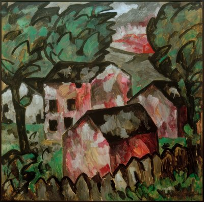Landskap med tre röda hus av Kazimir Severinovich Malevich