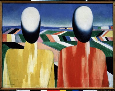 Bönder (Bönder). Två ansiktslösa huvuden framför ett landskap av odlade fält. Målning av Kasimir Severinovich Malevitch (Malevich, Malevic) (1878-1935), olja på duk, omkring 1930. Rysk konst, avantgarde, 1900-tal, suprematism. Ryska statens musa av Kazimir Severinovich Malevich